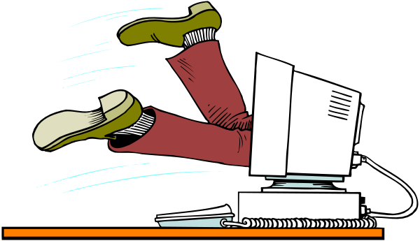 The black and white illustration shows a person falling off an office chair onto their back with legs flailing upwards as if in mid-air motion; there is no visible background detailing location or context beyond this action scene, which focuses on human activity within what appears to be an indoor setting like an office.