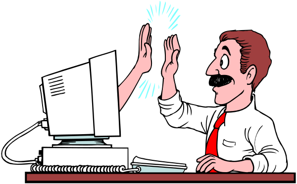 The illustration shows a man sitting at his desk with two hands raised as if waving goodbye to someone off-frame; he is wearing glasses and has short hair. Behind him on the wall hangs what appears to be an award plaque, suggesting some form of recognition or achievement for work done in this office setting. The background includes a computer monitor displaying text that reads "Congratulations," reinforcing the theme of accomplishment conveyed by both elements within the image.