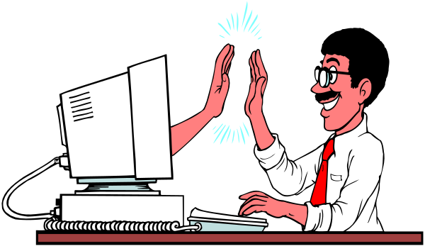 The illustration shows two hands giving a high five over an office desk with a computer monitor displaying text; there is also a person sitting at the desk in front of it who appears to be working on something, and another figure standing behind them looking towards their handshake gesture.