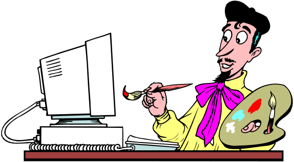 The cartoon depicts a man sitting at his desk with various items around him: there's an open laptop on which he is working; to his right sits a cup of coffee next to what appears to be a paintbrush and palette, suggesting that painting might also be part of this scene. He has just finished writing something down in the notebook placed before him, as indicated by the pen resting nearby. The man's attire consists of casual clothing with no tie or formal elements visible; his expression is one of concentration on whatever he was working on at the time the image capt