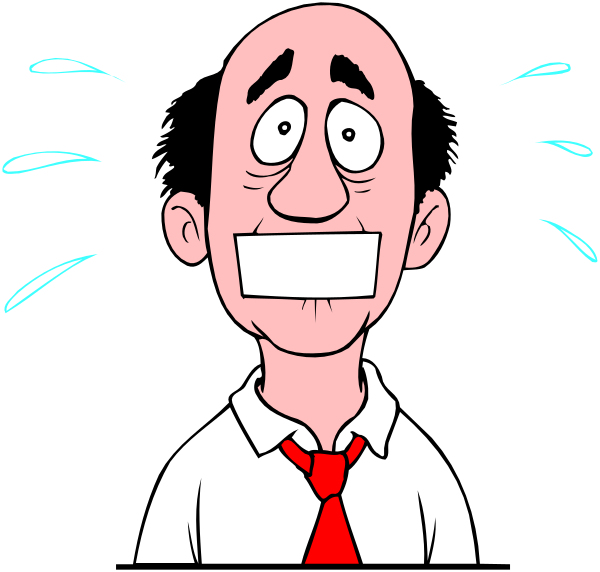 The cartoon shows a man with an exaggeratedly large head wearing glasses, who appears to be shouting into his hands while standing in front of what looks like a microphone on stage; he is balding atop and has red hair around the sides.