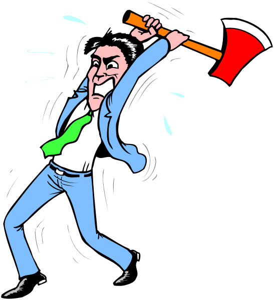 The cartoon shows a man dressed as an accountant with his arms outstretched holding two axes; he appears to be in motion running towards something off-screen while looking back over one shoulder at it, and there's water droplets around him suggesting movement or action.