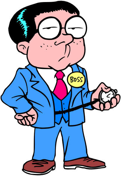 The cartoon depicts a man dressed as an executive with glasses standing next to his desk holding what appears to be a clipboard in one hand while gesturing towards it with another. He is wearing a suit, tie and has short hair.