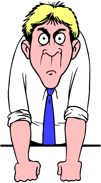 The cartoon shows a man with an exaggeratedly large head leaning forward as if he's about to fall over; his arms rest on bent knees for support while looking downward in concern.