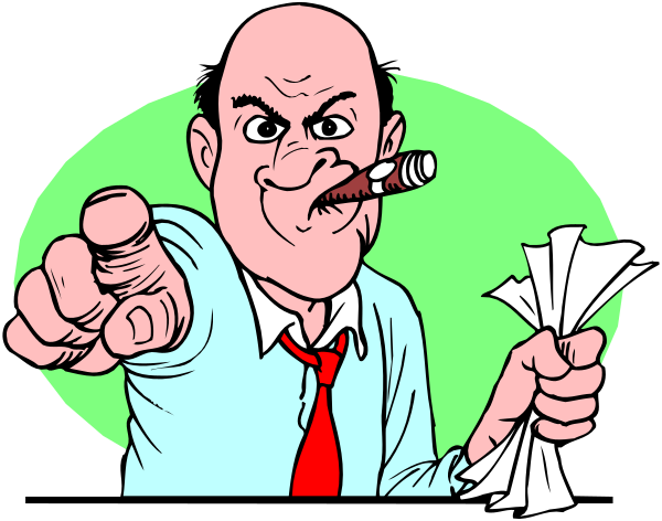 The cartoon shows a man pointing at another person who appears to be smoking cigars while holding papers with money on them in his hand.