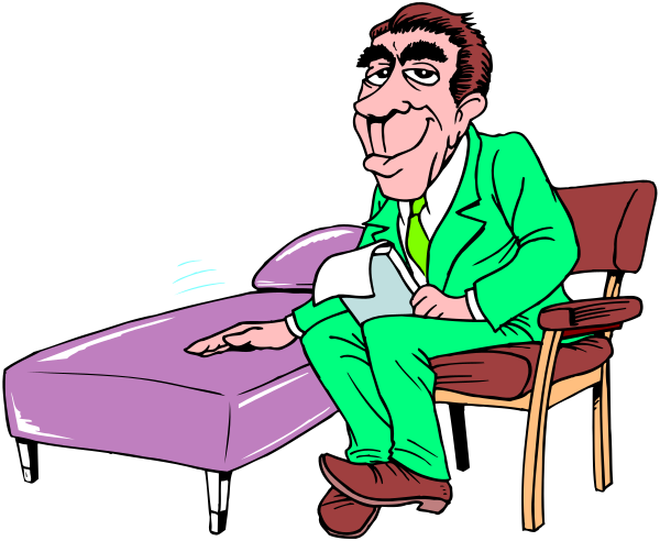 The cartoon shows a man sitting on an ottoman with his legs crossed over each other while holding what appears to be papers in both hands; he is wearing a suit jacket but no shirt underneath it, revealing only his tie and undershirt. He has dark hair that's graying at the temples, wears glasses, and looks directly ahead of him without smiling or showing any emotion on his face. The background features two chairs with one being purple; there is also a couch in front of which he sits.