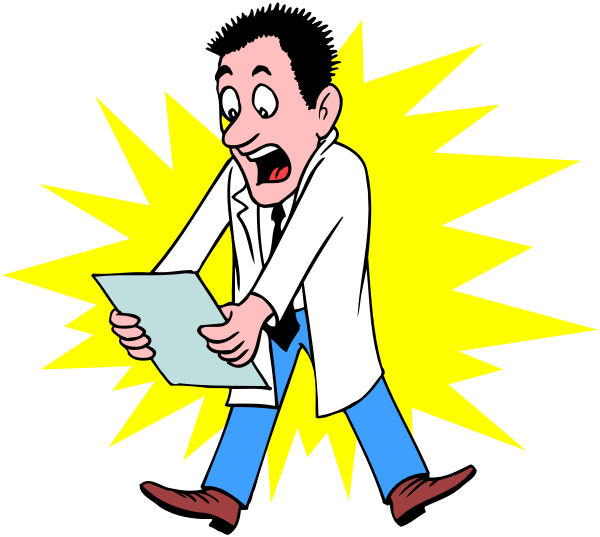 The cartoon shows a man with an exaggerated expression of surprise holding up his hand to show something on it while standing in front of what appears to be a lightning bolt effect behind him.