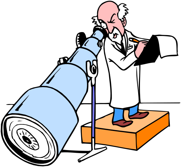 The cartoon shows a man standing on top of an open telescope with his back to us; he is wearing glasses and holding papers in both hands while looking at them intently.