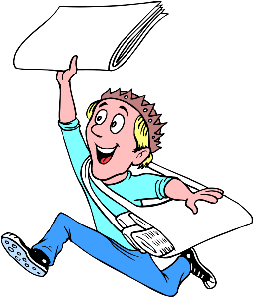The illustration shows a cartoon of an animated character who appears to be male with blond hair wearing glasses, holding up what looks like newspapers in both hands while jumping into the air above them. He is dressed casually and has on a backpack that seems full or bulging at one side.