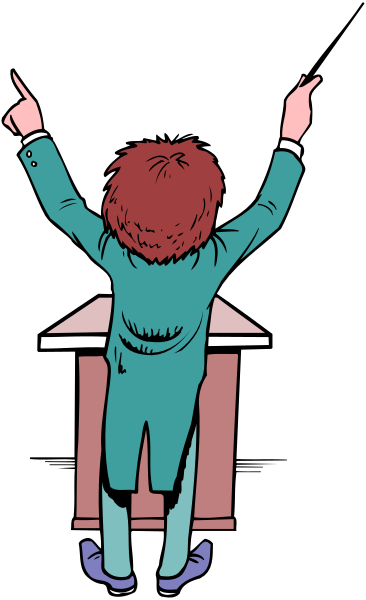The illustration shows a cartoon of an animated character standing at a podium with their arms raised high above them as if in excitement or passion while speaking to an audience that is out of frame.