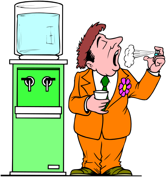 The cartoon depicts a man dressed as an ice cream vendor standing next to two dispensers with drinks inside them; he is holding his finger under his nose while looking upwards towards something out of frame, and there's also a water cooler in front of him on the left side.