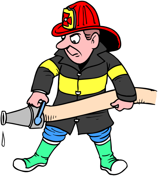 The cartoon depicts a firefighter holding an axe with his right hand while standing on top of it using both hands to hold onto its handle; he is wearing blue jeans rolled up at the bottom, white boots and black shoes, yellow suspenders over a red shirt, green socks peeking out from under them.