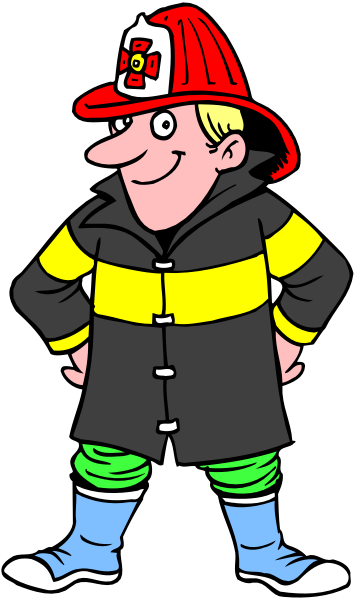 The cartoon depicts a firefighter standing with his hands on hips against a white background.
