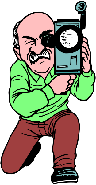 The cartoon shows a man holding an old camera with his hands while standing on what appears to be a sidewalk; he is wearing glasses and has gray hair.