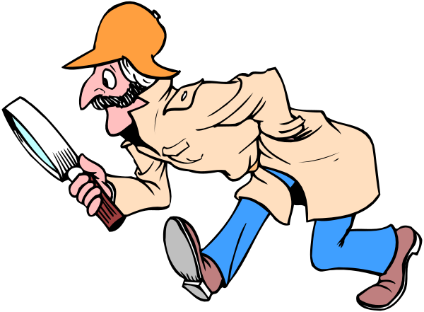 The cartoon depicts a man dressed as Sherlock Holmes running with his hat on backwards while holding onto an umbrella in one hand and using binoculars to look ahead with the other.