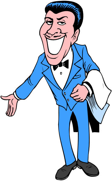The cartoon depicts a caricature of an older man dressed as a tuxedoed comedian with exaggerated facial features such as large eyes and eyebrows, holding his hands out to either side in front of him while standing on stage next to microphone stand.
