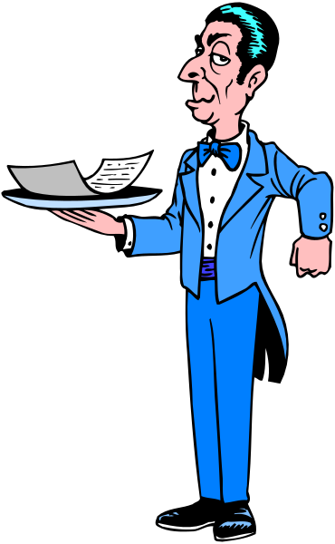 The cartoon depicts a man dressed as a waiter holding an order pad with his left hand while standing upright against a dark background.