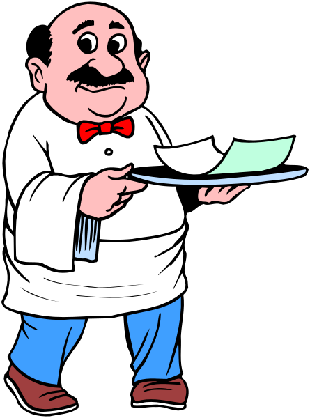 The cartoon depicts a chef holding out an order ticket to someone off frame while standing behind his counter with various cooking utensils visible in front of him.