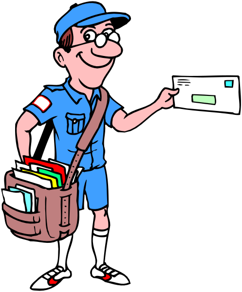 The illustration shows a cartoon of an adult male postal worker holding mail with his right hand while pointing to it with his left index finger. He is wearing glasses, shorts, sneakers, socks, and carrying books in one arm as he walks down what appears to be a street or sidewalk during the daytime under clear skies.
