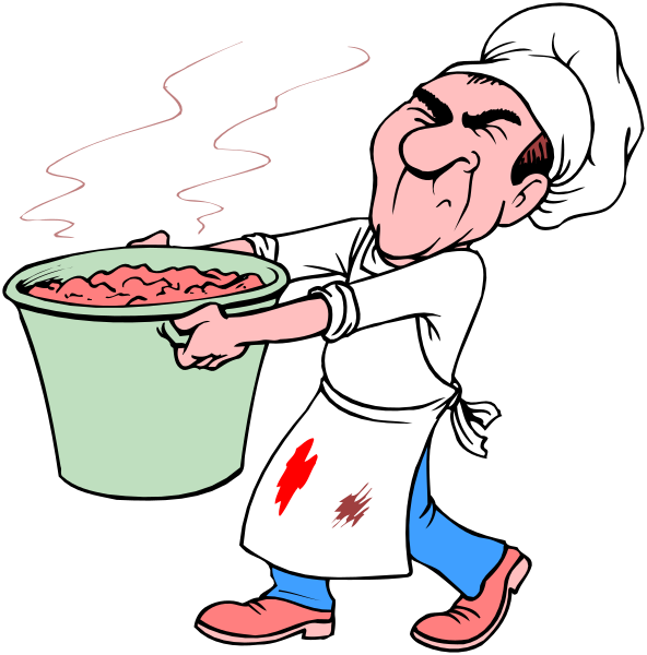 The cartoon shows a chef carrying two buckets of sauce while walking away from another bucket that has spilled its contents on him; he is wearing an apron with red stains around it.