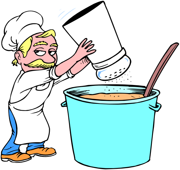 The cartoon shows a chef pouring spices into a pot of soup from an open jar while standing next to it on his left hand side with one foot raised in mid-air as if he's dancing, and there is another person reaching out towards him or possibly grabbing the same ingredient.