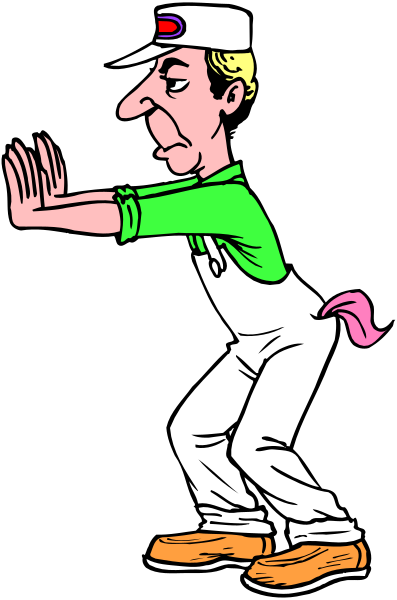 The cartoon shows a man with his arms outstretched as if he's dancing; he is wearing white pants and has on an orange cap that says "Pepsi."