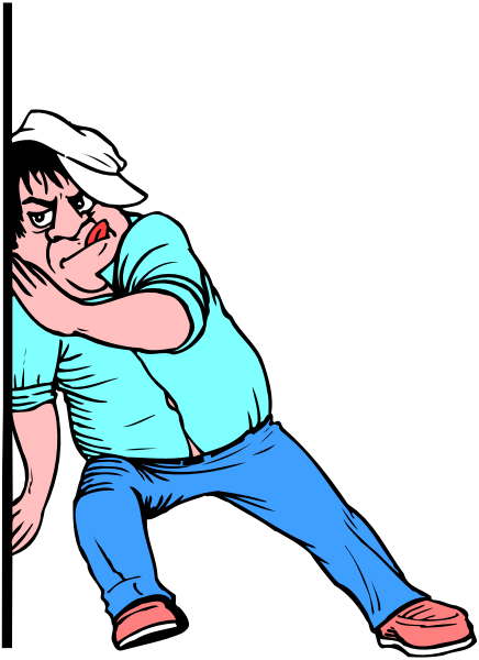 The cartoon shows a man leaning over with his hand on his knee while looking down at something offscreen; he is wearing blue jeans and has short hair.