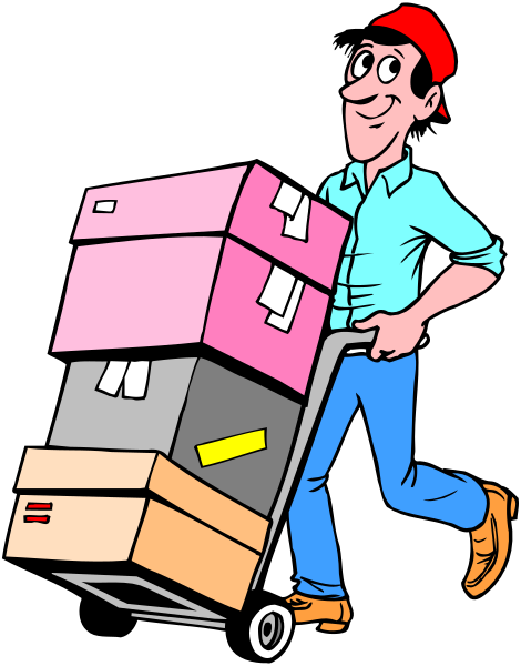 The illustration shows a man pushing a cart full of boxes with various items on top; he is wearing blue jeans and has red hair.