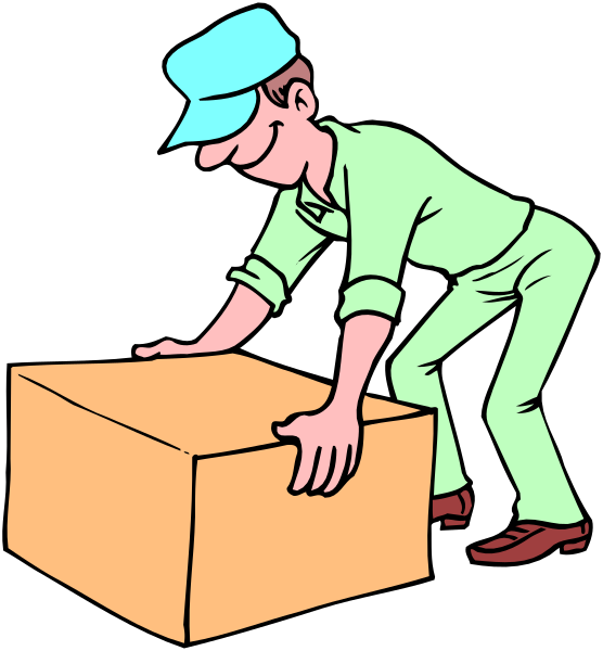 The illustration shows a man wearing blue overalls leaning forward to pick up an orange box from off of which he is bending down with his left hand on it while holding onto another similar-sized brown cardboard box in front of him, standing next to what appears to be a white wall and under the shadow cast by something above.