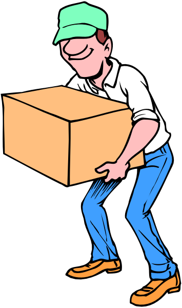 The cartoon shows a man carrying two boxes on his back while walking down an alleyway with buildings visible behind him; he is wearing blue jeans and has short hair.