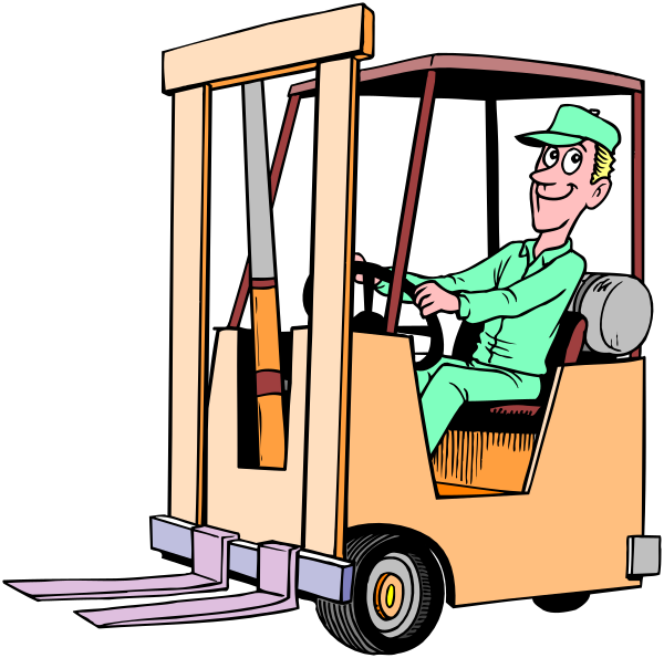 The illustration depicts a man driving an electric forklift with two pallets on it through what appears to be a warehouse environment.