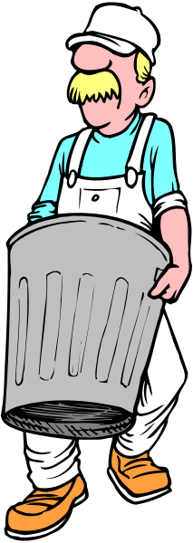 The cartoon depicts a man with mustache holding an overflowing trash can while standing next to it on what appears to be a street corner at nighttime.