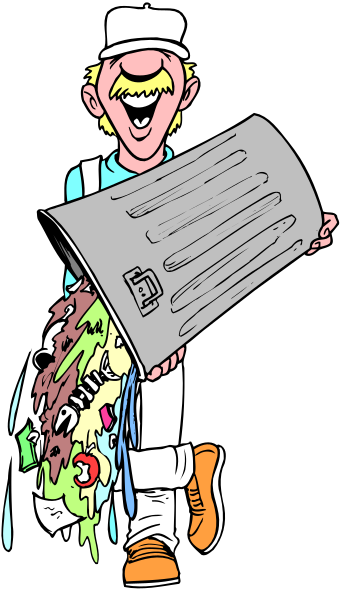 The cartoon shows a man carrying an overflowing trash can with various items spilling out onto his clothes; he is walking on what appears to be a sidewalk in front of buildings that resemble houses.