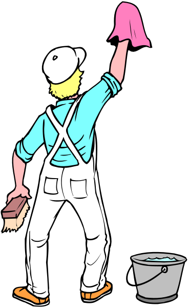 The illustration shows a man wearing overalls with suspenders standing next to an open bucket of water on his right side holding a sponge in both hands while looking upwards towards something out of frame.