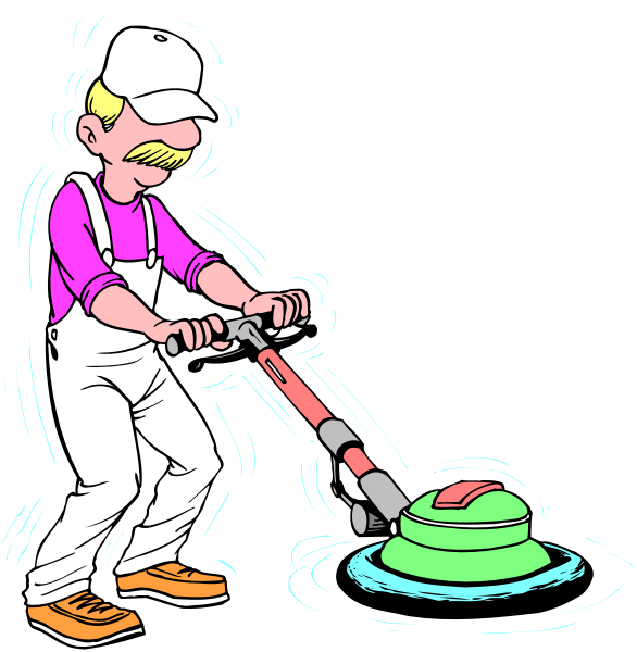 The cartoon shows a man using an electric lawn mower to cut grass on his front yard during daylight hours.