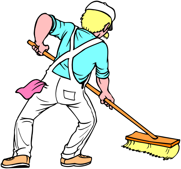 The illustration shows a man wearing overalls with suspenders holding onto an orange mop handle while standing on his tiptoes to reach something above him in what appears to be a kitchen environment.