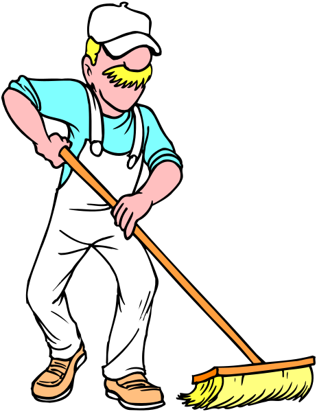 The cartoon depicts a man with mustache holding a broom while standing on his head; he is wearing overalls and has one foot in mid-air as if dancing.