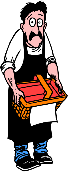 The cartoon shows a man with mustache holding an open pizza box while standing on top of it; he is wearing blue jeans and has his hands in pockets.
