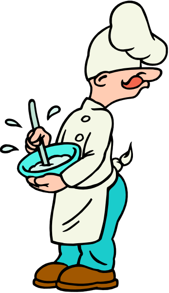 The cartoon shows a chef holding two bowls of food with his hands while standing behind them; he is wearing an apron over blue jeans and has white hair on top of his head.