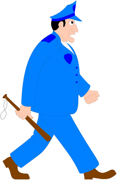 The image shows a cartoon of an officer walking down a street with his hands behind him while holding what appears to be a baton in one hand.