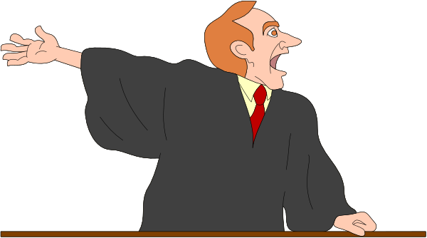 The cartoon shows a man with red hair wearing glasses standing at an indoor podium gesturing towards another person who is seated behind him on what appears to be a bench in front of a blackboard background.