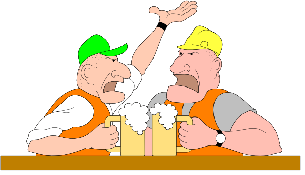 The cartoon shows two men sitting at a bar with beer mugs on it; both wear orange vests over white shirts, suggesting work attire, one is gesturing towards something off-frame while holding his glass up as if toasting, and there's an animated expression of surprise or shock.