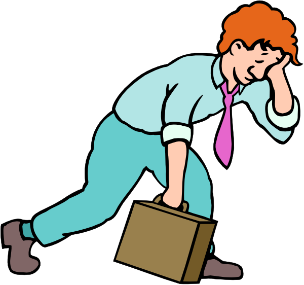 The cartoon shows a man with red hair wearing glasses carrying luggage while looking down at his feet as if he's lost something on the ground; there is no text present in this image.