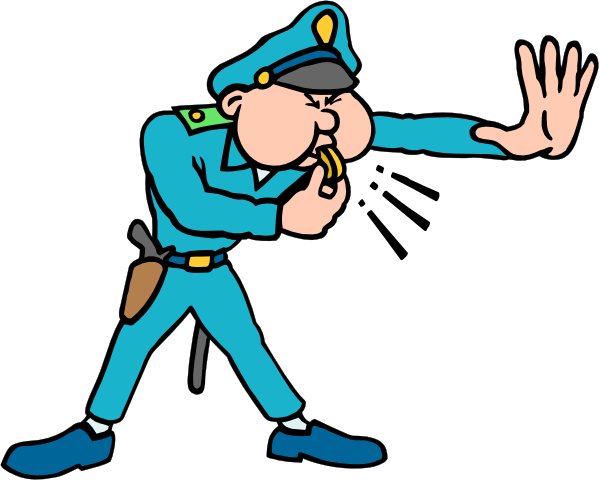 The cartoon shows two police officers: on the left, a standing officer with his hand out as if to stop someone; on the right, an animated character who appears surprised by this action.