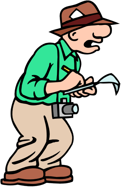 The cartoon shows a man with an exaggeratedly large head leaning over to look at something on his hands while holding what appears to be fishing equipment in one hand; he is wearing sunglasses, shorts, and has brown hair.