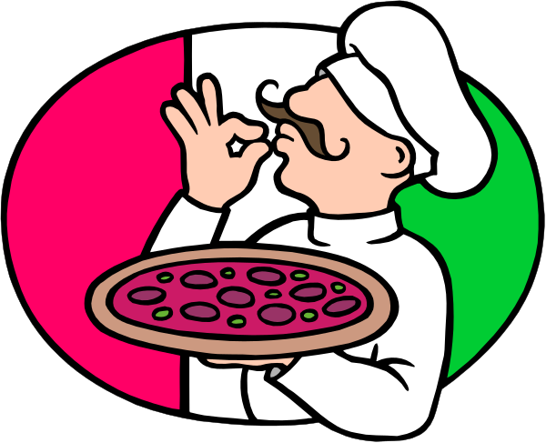 The image shows a cartoon of two men: on the left, there's an animated chef holding up his finger as if to make a point; he is wearing white gloves with black stripes around them, and has mustache-like facial hair. On the right side, another man in a red shirt holds out pizza slices from what appears to be a box or tray. Both characters are smiling at each other against an oval background that resembles a stylized window frame with pink on top half and green below it; there's also text above them reading "PI