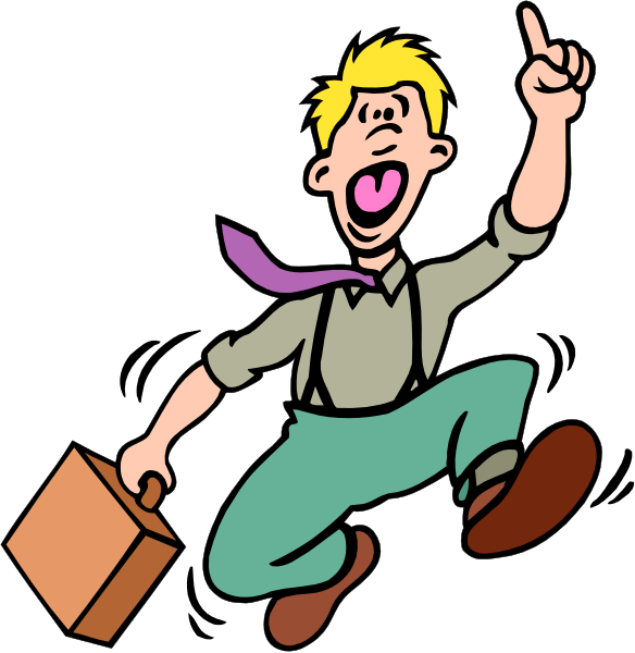 The images show a cartoon of an animated man with blonde hair who is excitedly pointing at something off-screen while holding two briefcases in his hands; he's wearing blue jeans and has one foot raised as if jumping for joy, suggesting surprise or excitement about whatever it is that caught his attention.