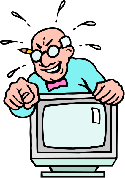 The cartoon shows an older man with glasses leaning over a computer monitor that is displaying his face on it; he appears surprised as if reacting to something unexpected happening in front of him.