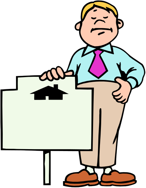 The cartoon shows a man standing next to an open real estate sign with his hands on hips; he is wearing brown pants, white shirt, red tie, blue jacket, black shoes, and has short hair.