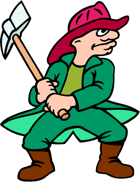 The cartoon depicts a man dressed as an old miner holding a pickaxe with his right hand while standing on what appears to be rocky ground in front of him.